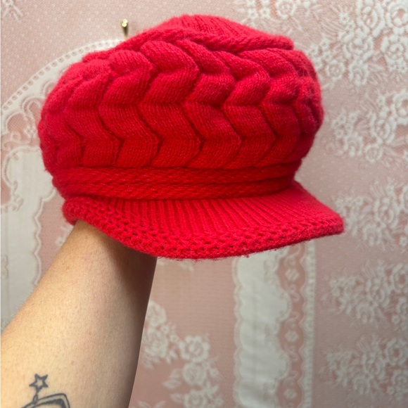 Accessories - Red Knit Newsboy Cap